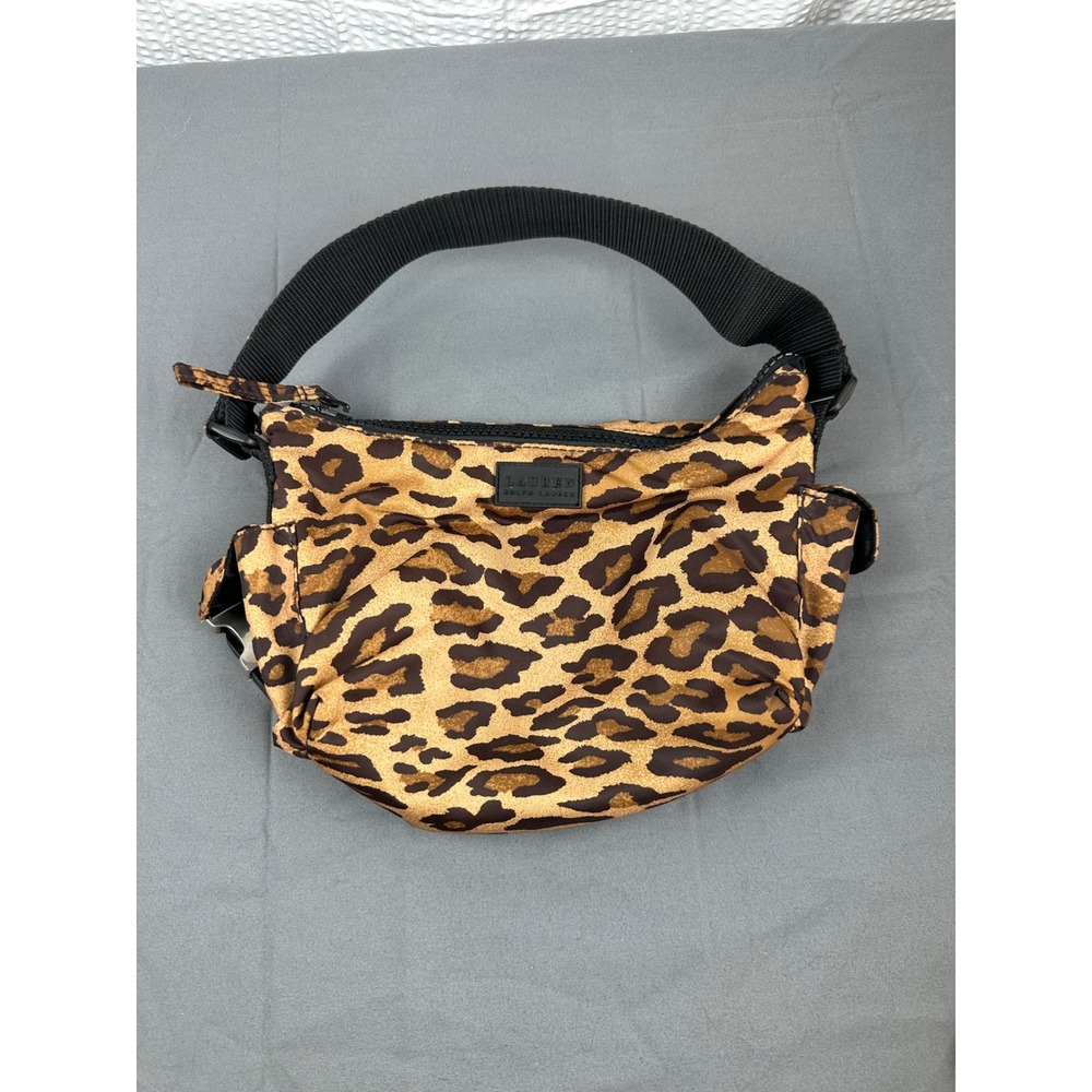 Lauren Ralph Lauren Leopard Print Shoulder‎ Bag Black Strap Zip Close Nylon EUC!